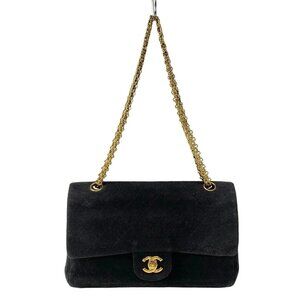 CHANEL Double Flap Matelasse Black Cotton Jersey Shoulder Bag Gold hardware